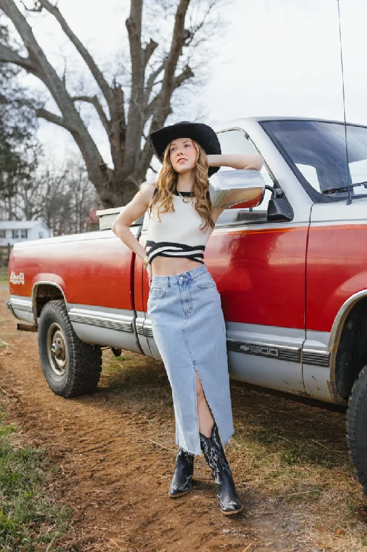 Founder's Fave Denim Skirt turquoise tank top