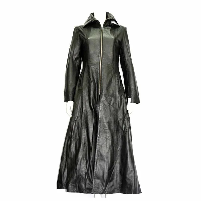 Full Length Black Leather Midnight Coat Women Stylish Trench Overcoat