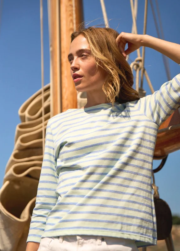 GALATHEE II - Breton Striped Top with ¾ Sleeve | Soft Cotton | Women Fit (ALOE VERA / DENIM) Modern Work Blouse