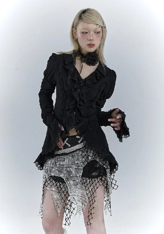 Goth Asymmetric Ruched Sleeve Shirt Frilled Cuff Blouse