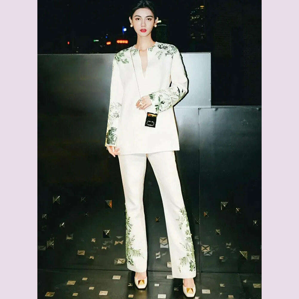 HIGH STREET Newest 2024 Designer Suit Set Women's Loose Style Long Sleeve Stunning Beaded Blouse Tops Flare Pants crew neck tank