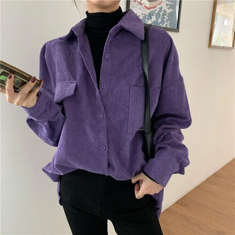 Indie Purple Corduroy Casual Shirt Soft Satin Blouse