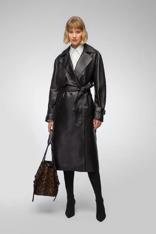 Isabelle - Black Leather Coat Puff Sleeve Overcoat