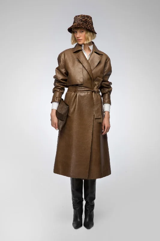 Isabelle - Tobacco Leather Coat Fuzzy Faux Fur Coat