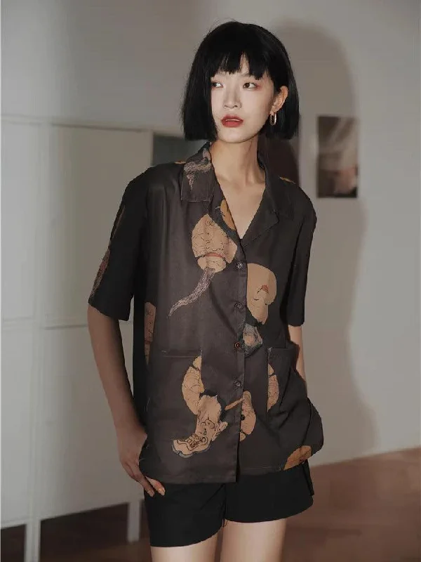 Japanese Art Short Sleeve Blouse Elegant Semi-Sheer Blouse