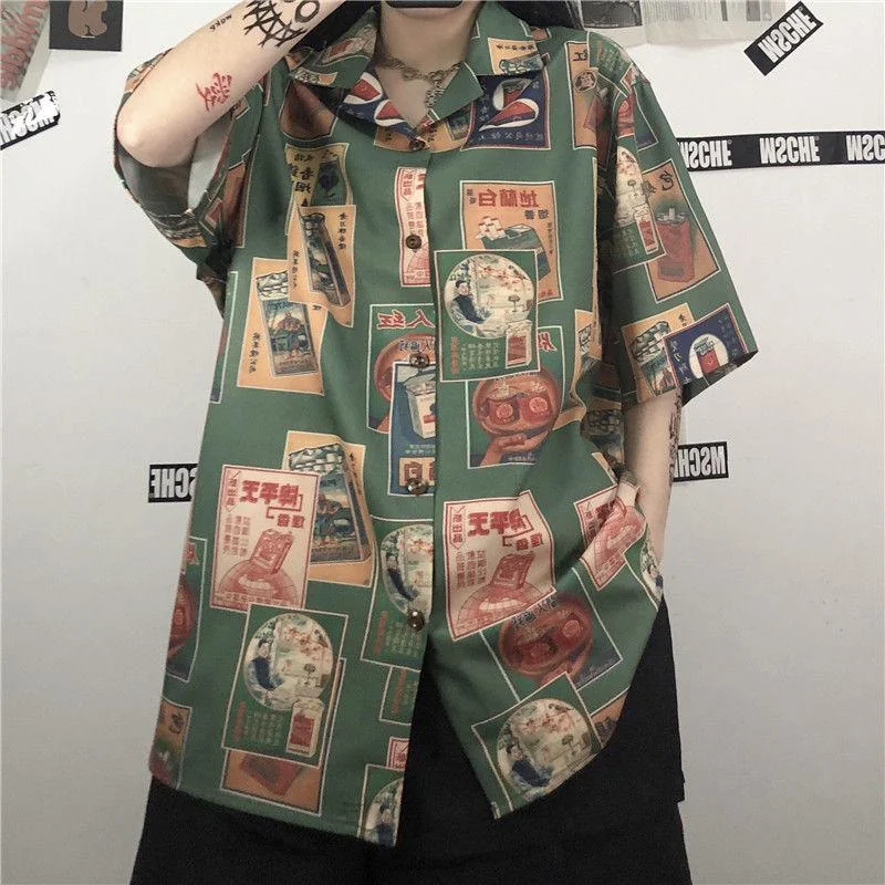 Japanese Figure Print Shirt Asymmetric Hem Blouse