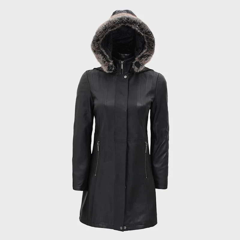 Jean Hooded Black Long Fur Collar Leather Coat Womens Vintage-Inspired Wool Coat