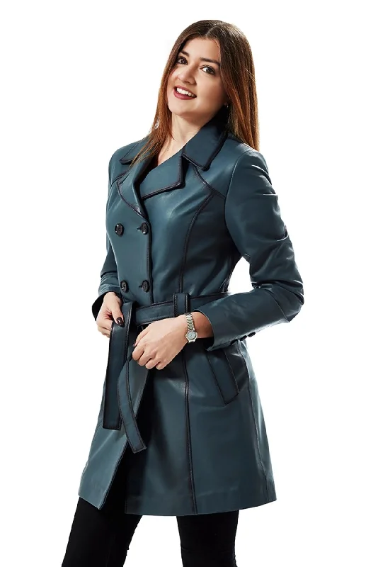 Kaylee Women Blue Waxed leather Coat With Center Belt Military-Inspired Overcoat
