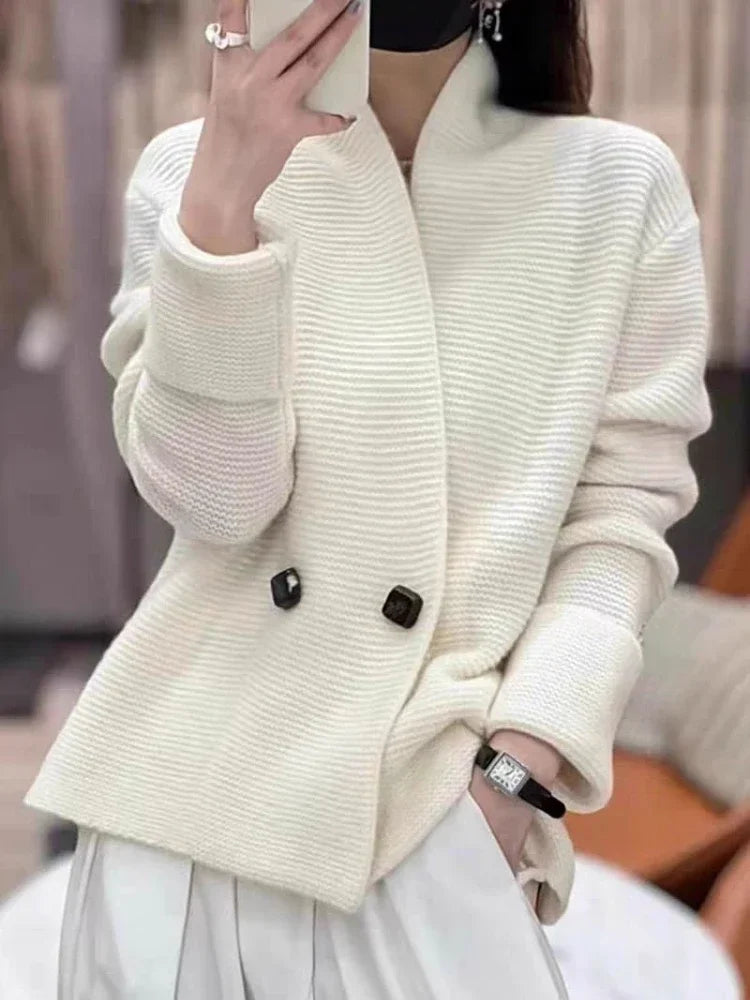 Korean Sweater Jackets Women Clothing Double-breasted Temperament Sueter Mujer Loose Casual Knitted Cardigan Tops Pull Femme cold shoulder tank
