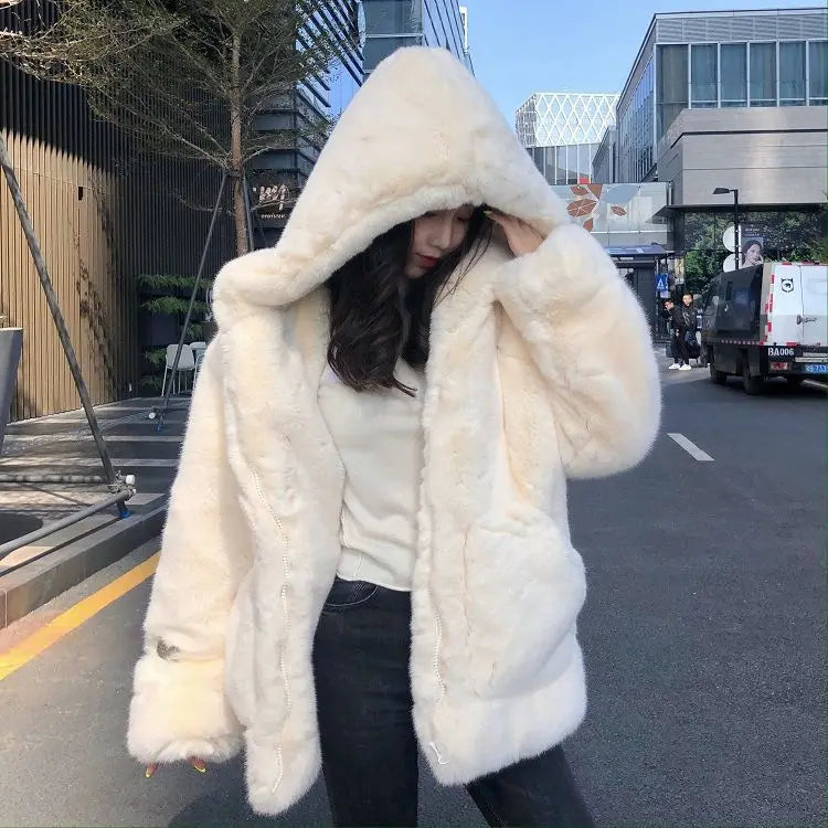 Thickened Mink Velvet Coat Women Winter Clothes Plush Hooded Fur Coat Vintage Wool Overcoat