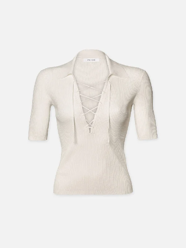 Lace Up Sweater Polo -- Off White Lightweight Tunic Blouse