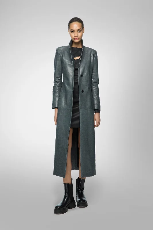 Laurence - Indigo Leather Coat Structured Lapel Overcoat