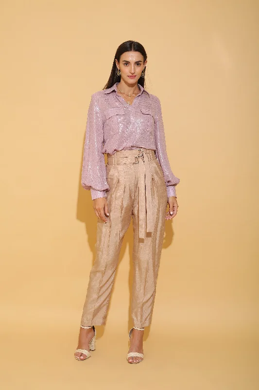 Lilac Sequins Shirt Peter Pan Collar Blouse
