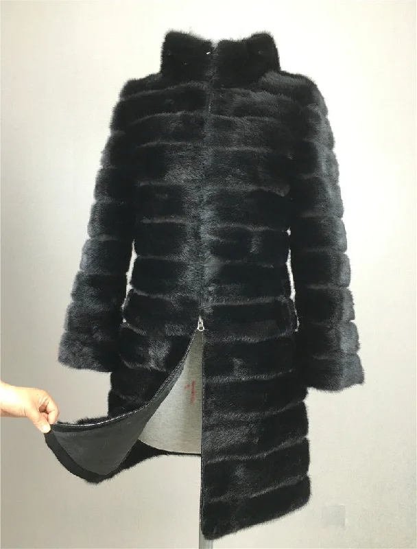 LIYAFUR Real Mink Fur Coat for Women Natural Genuine Russian Fur Coats Luxury Black Color Customized Size Satin-Lined Wool Coat