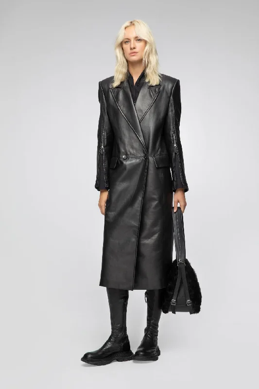 Lorrie - Black Leather Coat Boho Fringe Overcoat
