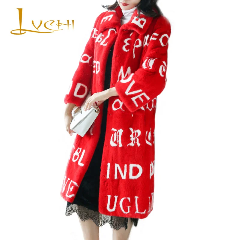 LVCHI Winter 2017 Import Real Mink Fur Coats Print Women's Natural Fur Turn-Down Collar English Letter Long Causal Mink Coats Button-Up Midi Overcoat