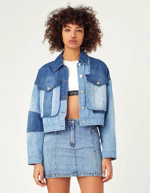 MARK FAST Women Cropped Washed Colour Block Denim Jacket Women's Classic Blazer