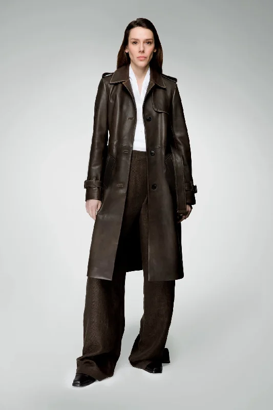 Madyson - Cloudy Brown Leather Coat Padded Wool Overcoat
