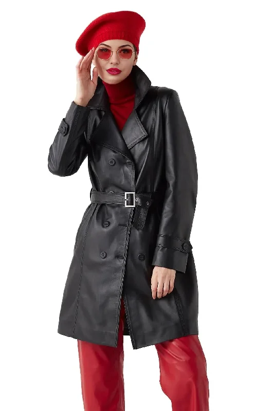 Maeve Black Center Belt Leather Coat For Women Modern City Overcoat
