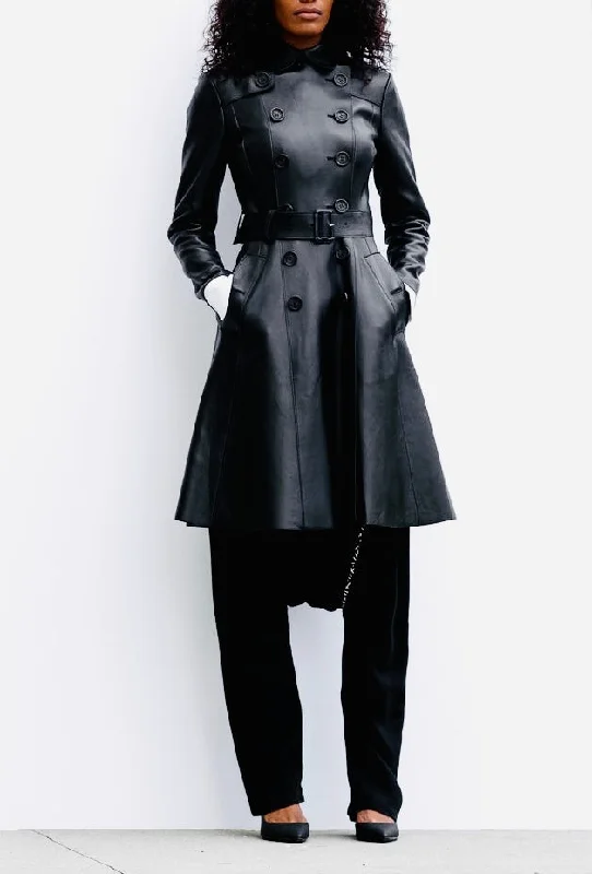 Matrix Black Leather Double-Breasted Coat Sleek Tailored Overcoat