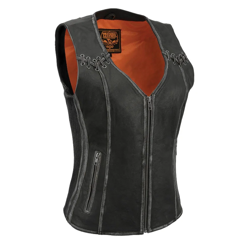 Milwaukee Leather MLL4526 Women's Distress Grey Leather Motorcycle Rider Vest- Stretch Side Panel W/ Lacing Detail Stretchy Knit Vest