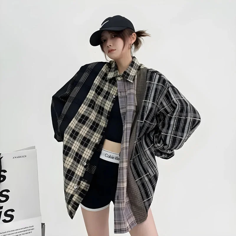 Multi Pattern Plaid Shirt Elegant Semi-Sheer Blouse