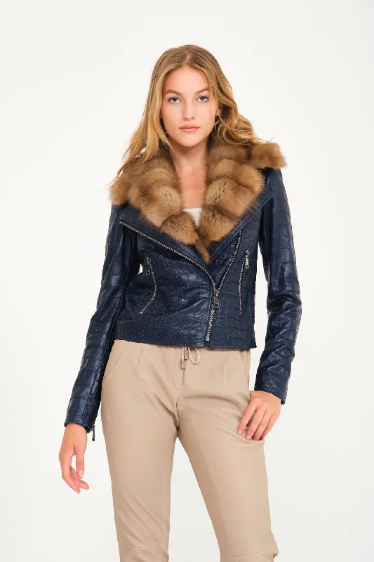 Navy Crocodile Pattern Sable Collar Leather Jacket Extra-Warm Fleece Coat