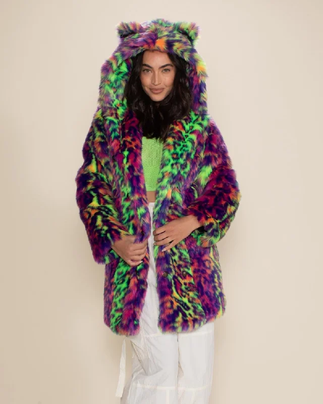 Classic Women's Faux Fur Coat | Neon Disco Kitty Buttoned Longline Coat