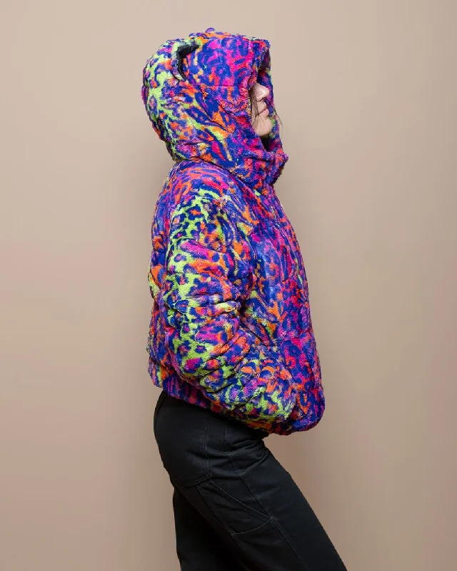 Classic Women's Hooded Puffer Jacket | Neon Disco Kitty Long Hooded Overcoat