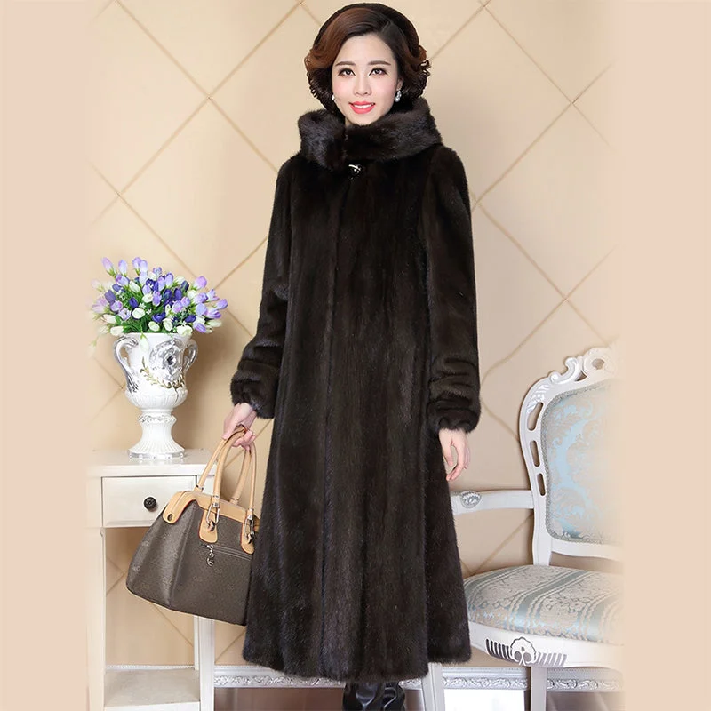 Nerazzurri real mink fur coat for women china full sleeve thick warm long genuine natural fur coats with hood plus size 5xl 6xl Ruffled Collar Coat