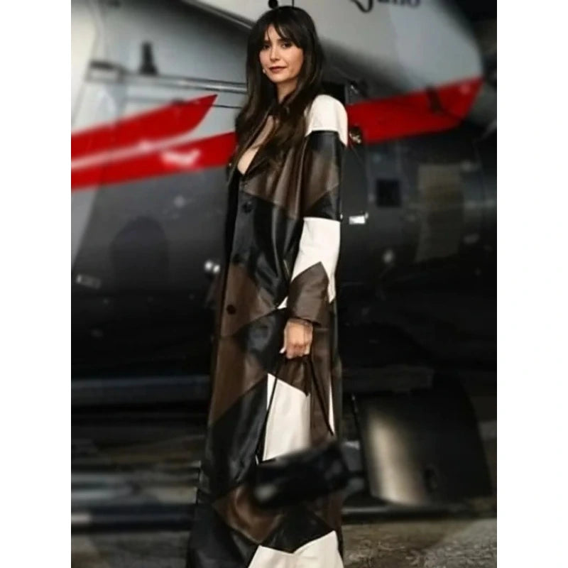 Nina Dobrev Patchwork Trench Leather Coat Elegant Checkered Overcoat