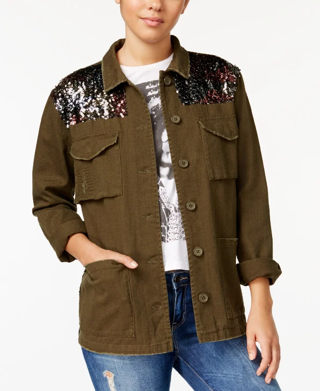 One Hart Juniors Sequin Trim Military Jacket Women's Trendy Jacket
