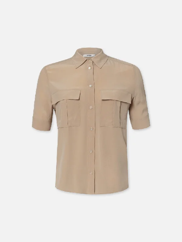 Patch Pocket Button Down -- Khaki Tan Stylish Wrap Blouse