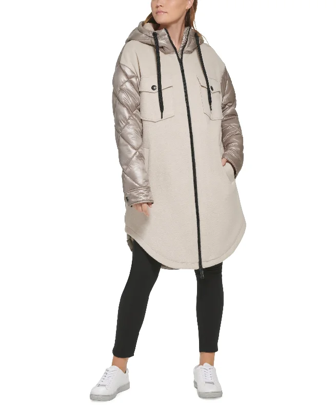 Petite Quilted Hooded Zip-Up Long Jacket Women's Luxurious Jacket