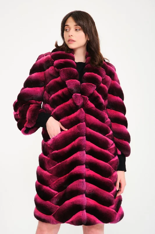 Pink Chinchilla Fur Coat Boho Fringe Overcoat