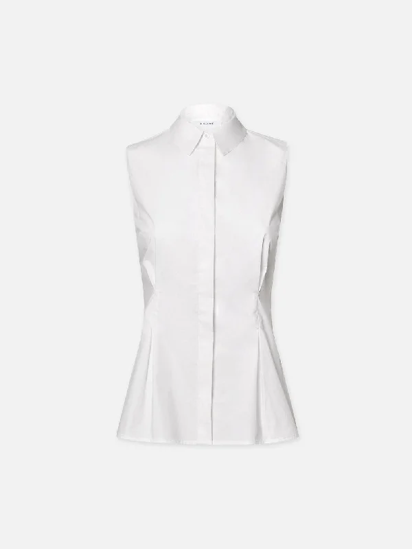 Pleated Sleeveless Shirt -- White Feminine Ruffle Blouse
