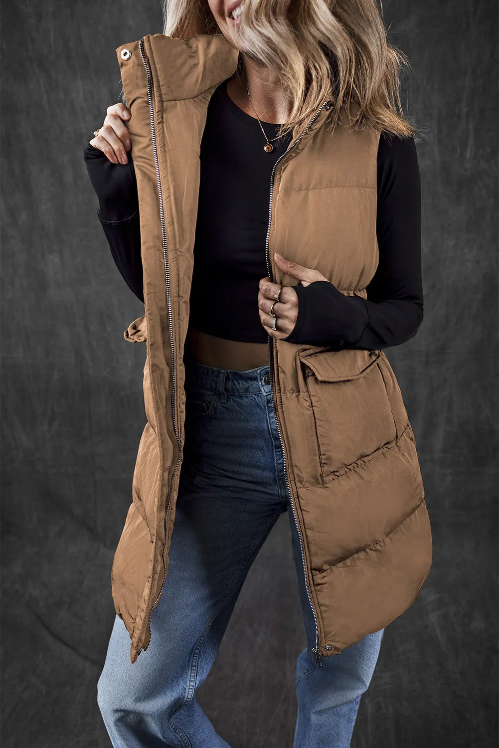 Pocketed Zip Up Vest Coat Relaxed Streetwear Coat