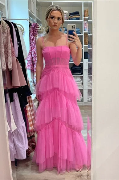 Princess Hot Pink Tiered Tulle Prom Dress comfortable tank top
