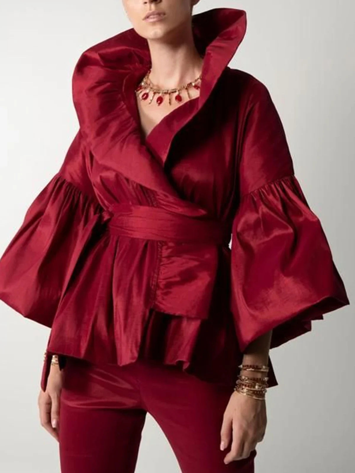 Puff Long Sleeve Ruffles Blouse Office Lady Solid Color Women Wrap Shirts Lapel Collar Elegant Shirt Woman Fashion Female 2024 gold tank top