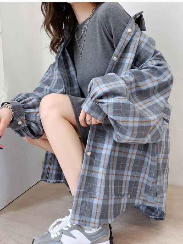 Puff Sleeve Plaid Shirt Soft Knit Blouse