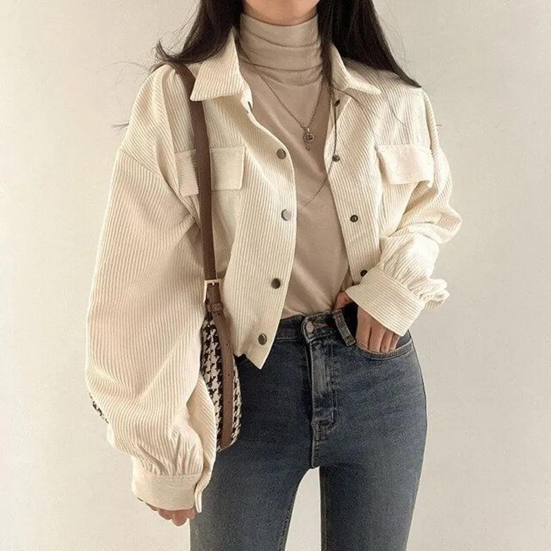 Puff Sleeved Corduroy Crop Shirt Polished Work Blouse
