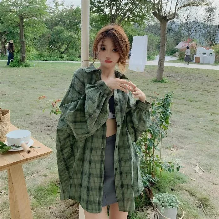 Puff Sleeved Plaid Shirt Soft Knit Blouse