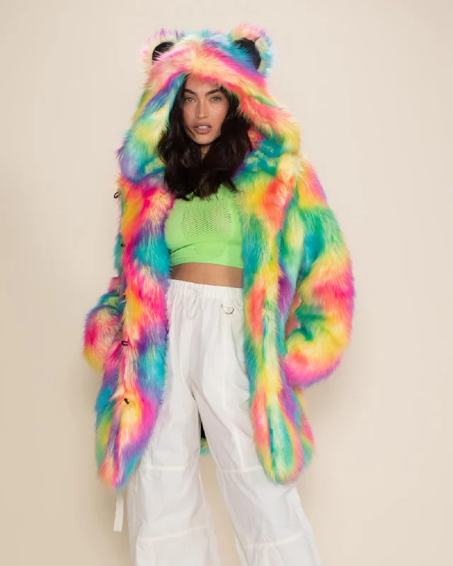 Classic Women's Faux Fur Coat | Rainbow Bear Button-Up Midi Overcoat