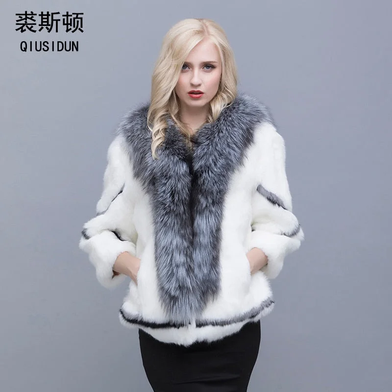 Real natural women's rabbit fur coat fox fur collar large size rabbit skin women winter coat black woman's casual autumn coat Insulated Long Overcoat