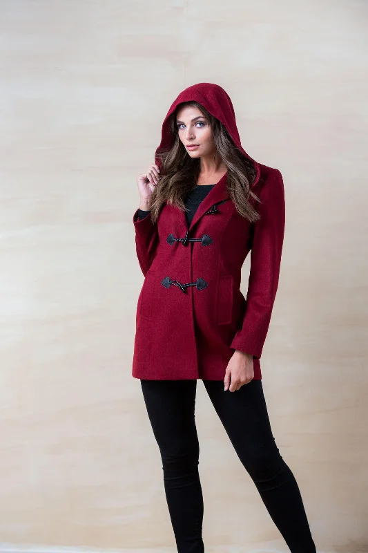 Red Hooded Coat Lapel-Free Sleek Coat