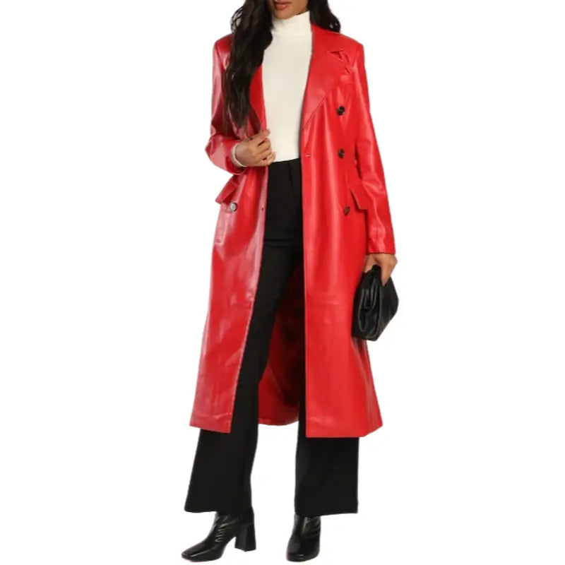Red Leather Coat With Belt Cashmere Blended Overcoat