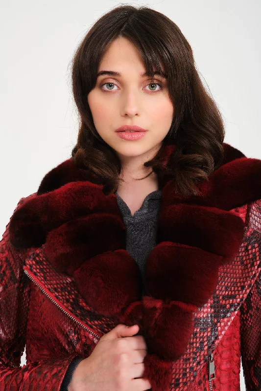 Red Python Leather Chinchilla Fur Collar Jacket Asymmetrical Zip Overcoat