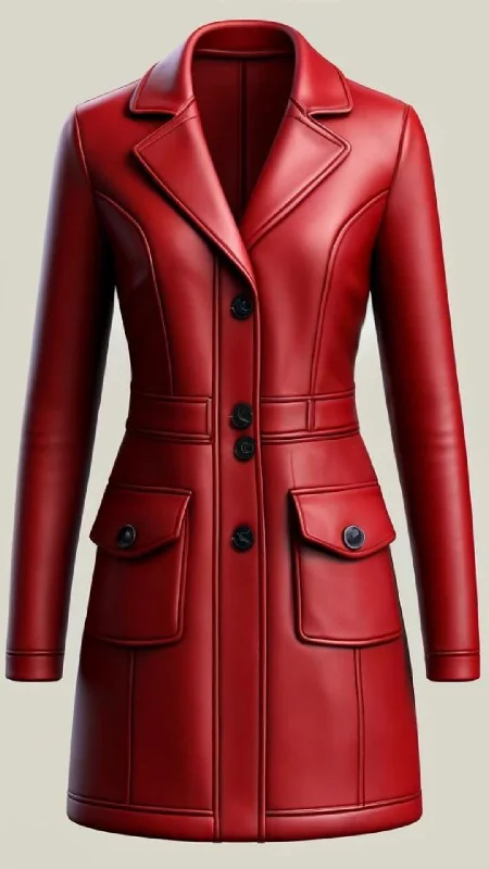 Red Sheepskin Leather Coat For Women Embroidered Classic Overcoat