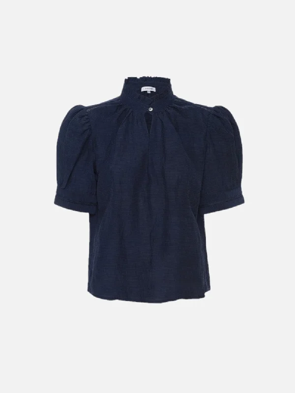 Ruffle Collar Inset Lace Top -- Navy Wrap Front Blouse
