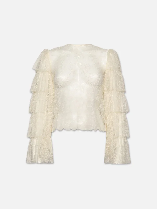 Layered Ruffle Sleeve Blouse -- Cream Stretchy Fitted Blouse